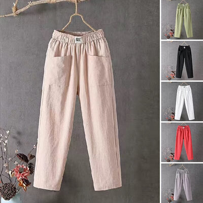 Casual Cotton-Linen Trousers with Elastic Waistband