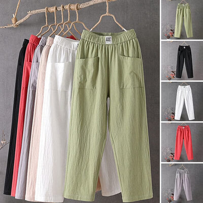 Casual Cotton-Linen Trousers with Elastic Waistband