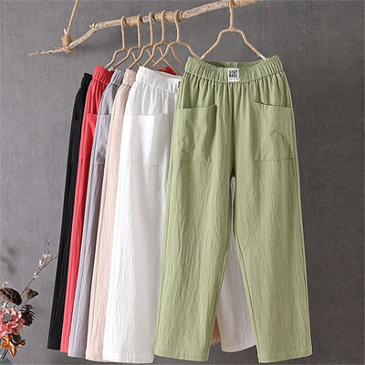 Casual Cotton-Linen Trousers with Elastic Waistband